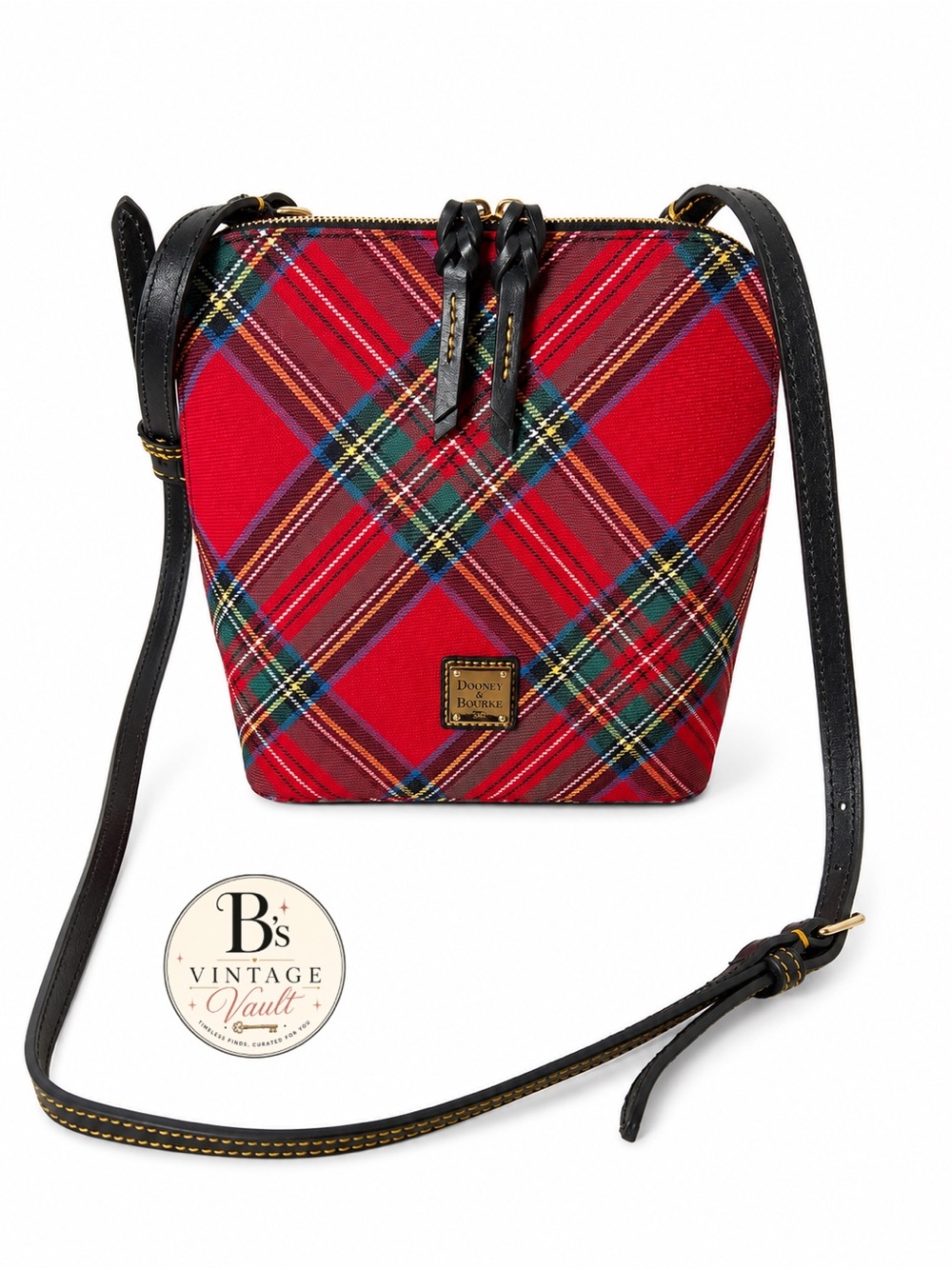 Dooney & Bourke Red Tartan Large Trixie Crossbody with Black Leather Trim
